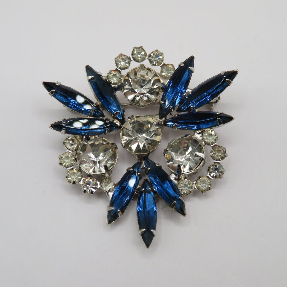 Vintage Blue and Clear Rhinestone Brooch